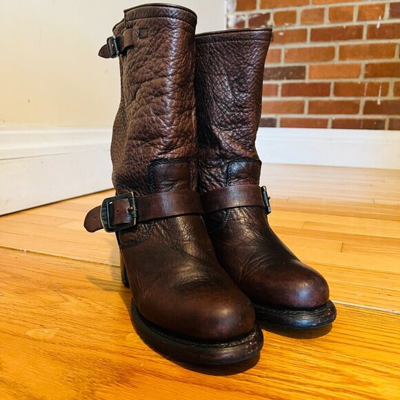 Frye Vera Short Engineer Motorcycle Belted Brown Leather Boots - Size 5.5 - Picture 3 of 16